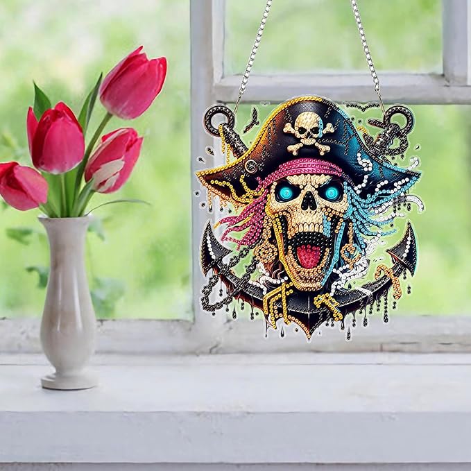 Auremi Pirates Diamond Art Pendant Kits,5D Skulls Diamond Art Diamond Painting Hanging Kits,DIY Special Shaped Diamonds Painting Suncatcher Pendant Kit for Adults for Gift Wall Home Decor