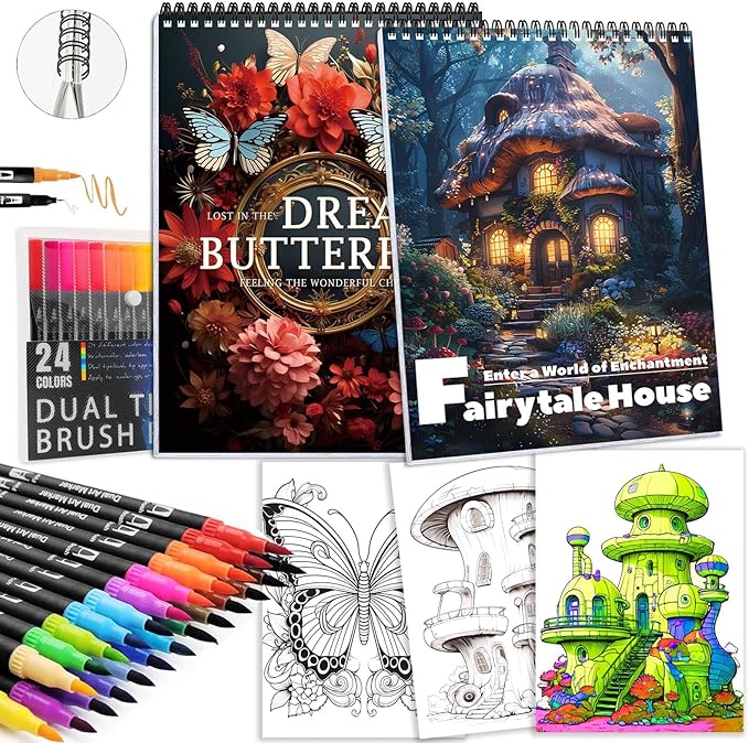 Adult Coloring Book for Women Relaxation, Spiral Bound Mindfulness Coloring Book with 24 Colors Markers for Adult, Anxiety Relief Gifts with 48 Pictures (Butterfly & Pumpkin House)
