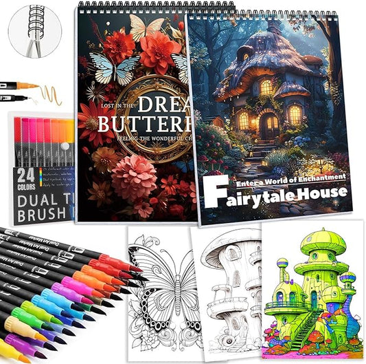 Adult Coloring Book for Women Relaxation, Spiral Bound Mindfulness Coloring Book with 24 Colors Markers for Adult, Anxiety Relief Gifts with 48 Pictures (Butterfly & Pumpkin House)