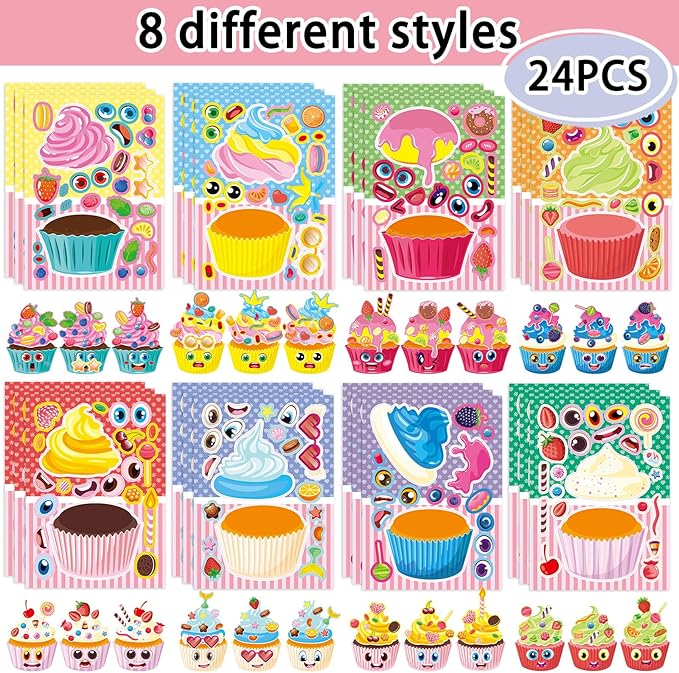 24 sheets 8.27''×5.9'' make your own cupcake stickers for kids toddlers, make a face stickers for kids party favors activities