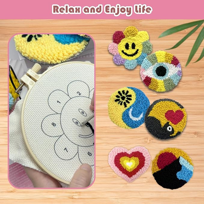 SEREDH Punch Needle Coasters Kit for Beginners Adults Easy Needle Punch Embroidery Kit Set Threader Instruction Fabric Hoop Yarn Tufting Coaster DIY Making,Coaster Holder Coaster Art Craft Supplies