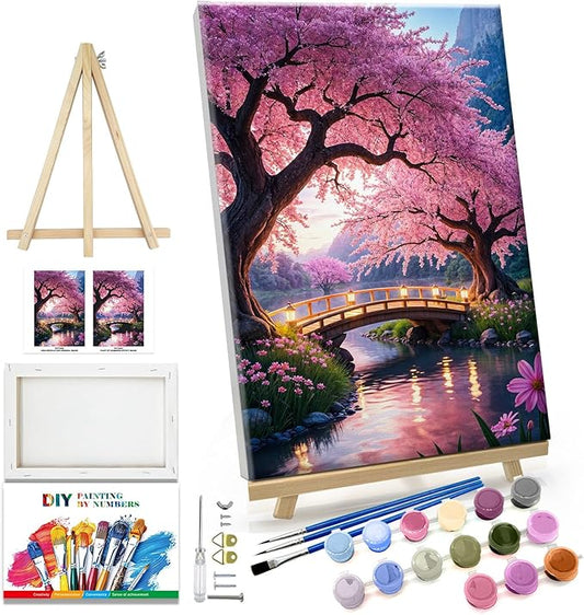 JOOZ Paint by Numbers Kit for Adults with Frame Sakura Paint by Number with Easel Tree Adult Paint by Number Kits Framed Canvas Mountain Waterfall Oil Painting Kits for Gift Home Wall Decor 8x12 Inch