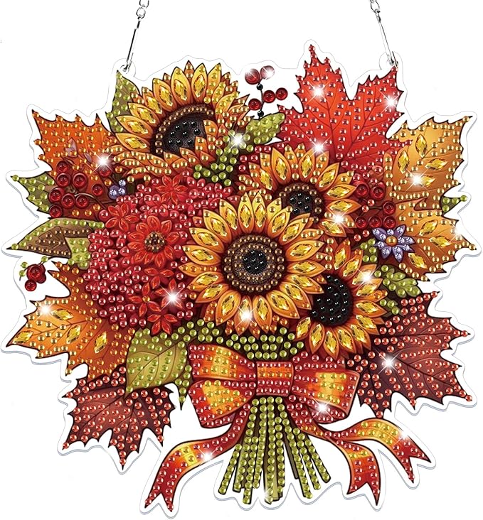 Bowetile Halloween Diamond Art Hanging Kits for Adults, Fall Flowers Diamond Art Suncatchers, 5D Special Shape Diamond Painting Pendant Window Ornament Gifts for Home Door Wall Decor