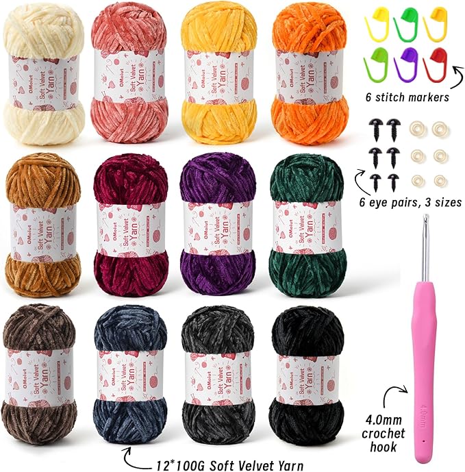 12 Pack Chenille Chunky Yarn - Baby Yarn for Crocheting Soft - Red Purple Green Pink Gray Blue Black White Velvet Yarns Crochet Blanket - Amigurumi Yarns Pack with Crochet Accessories F
