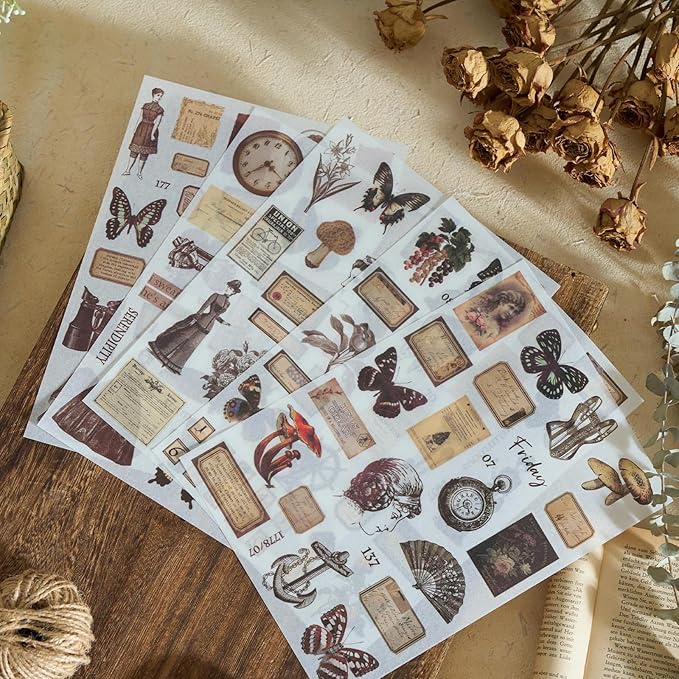 Vintage Ephemera Washi Scrapbook Sticker Book for Scrapbooking, 550+ Journaling Stickers for Junk Journals, Butterfly Mushroom Flower Aesthetic Stickers for Adults DIY Arts Frame Album