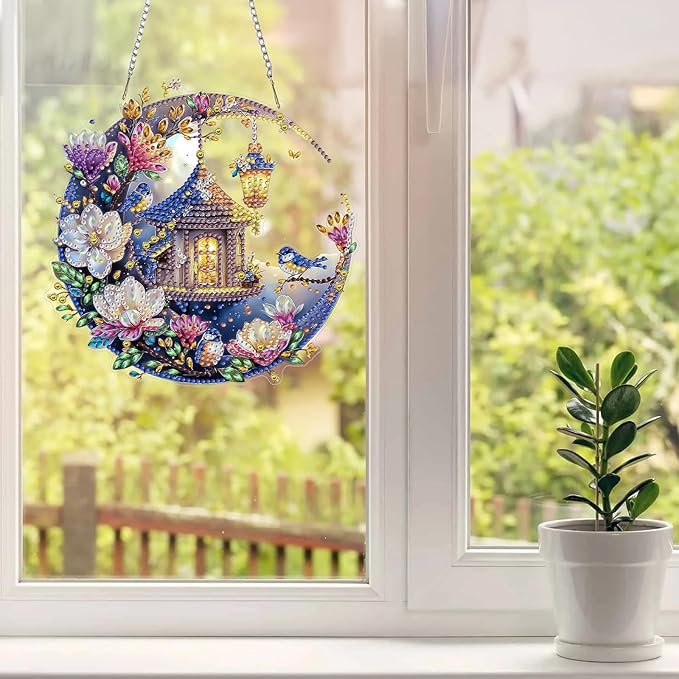 MAXBYE Diamond Art Painting Kits Hanging Flowers and Bird Pendant, DIY 5D Special Shaped House and Moon Gem Art Craft Diamond Dots for Adults and Home Window Door Decor