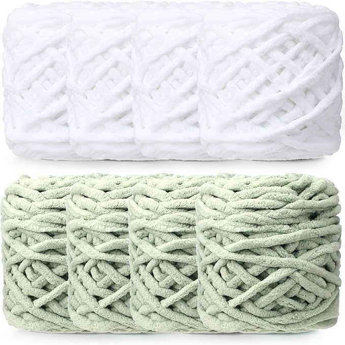 Buryeah 8 Pack Chunky Chenille Yarn for Crocheting Soft Thick Fluffy Yarn for Hand Knitting Bulky Velvet Blanket Plush for Weaving DIY Crafts Each 3.5 oz 55 Yards (White,Green)