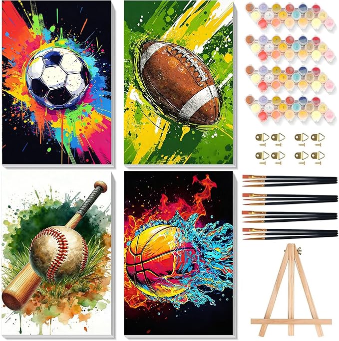 4 Pack Paint by Numbers for Beginners with Framed Canvas - with Wooden Easel, Ball Sports Paint by Number, Easy Cartoon Acrylic Oil Painting Kits on Canvas with Brushes for Home Wall Decor (8x12 inch)