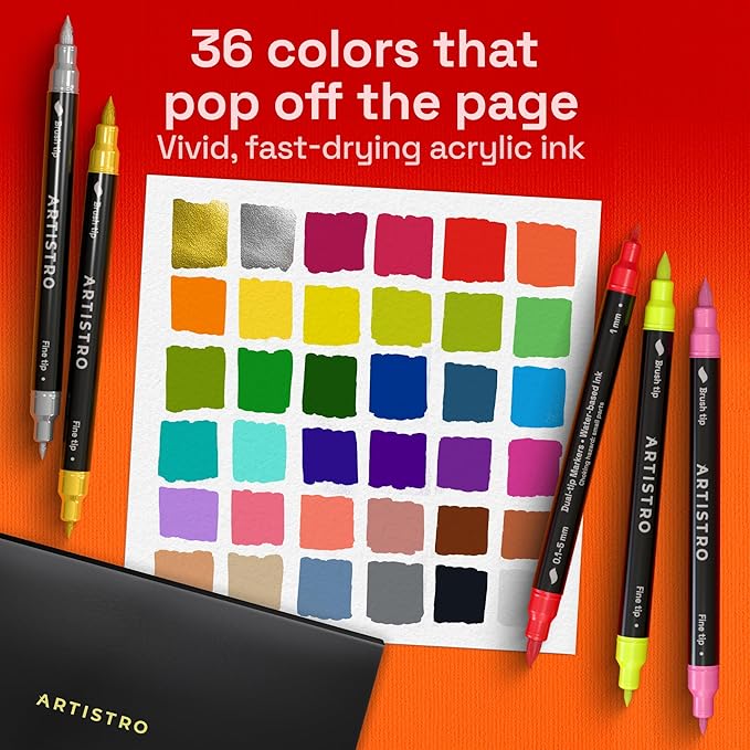ARTISTRO 36 Acrylic Paint Markers - Paint Pens for Drawing, Brush + Fine Tips - For Fabric, Rock, Glass, Wood, DIY, Eggs - Art & Craft Supplies for Adults, Teens, Kids - Easter Basket Stuffers