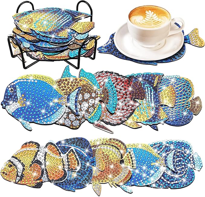 YLOLUL 10 Pcs Summer Fish Diamond Art Coasters Tropical Fish Shape Diamond Art Kits DIY Coasters with Holder for Beginner Adults Kids Craft Supplies Gift