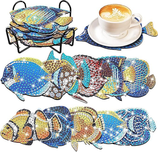 YLOLUL 10 Pcs Summer Fish Diamond Art Coasters Tropical Fish Shape Diamond Art Kits DIY Coasters with Holder for Beginner Adults Kids Craft Supplies Gift