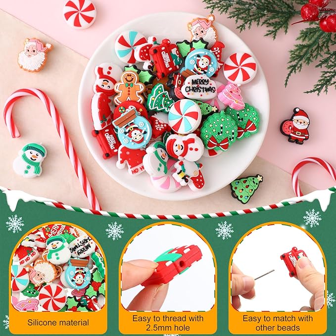 VioraWhite 48 Pcs Christmas Silicone Focal Beads for Beaded Pens Christmas Silicone Beads Charm Keychain Lanyard Kit for Beadable Items Keychains Bracelet Necklace DIY Jewelry Making