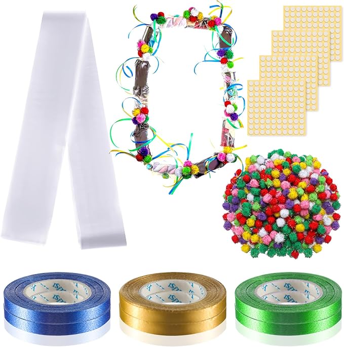 Hanaive Graduation Candy Lei Tubing Necklace Making Kit Include 50 Pcs 2 Inch Poly Tubing Lei Bags 197 ft 6 Rolls Gift Wrapping Ribbon 1 Pack Plush Poms 400 Glue Points for Graduation Party Supplies