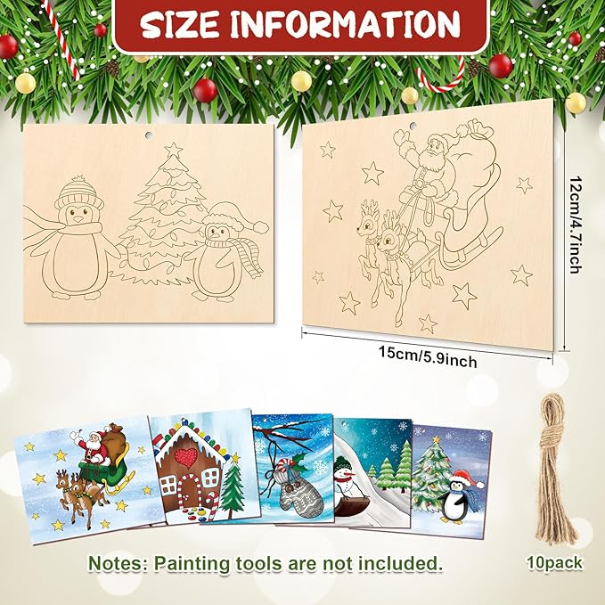 COCHIE 10 Pieces Large Christmas Unfinished Wood Crafts to Paint for Adults, Bulk Winter Predrilled Wooden Ornaments for Painting, Peppermint Candy House Paintable Wood Slices Craft Supplies