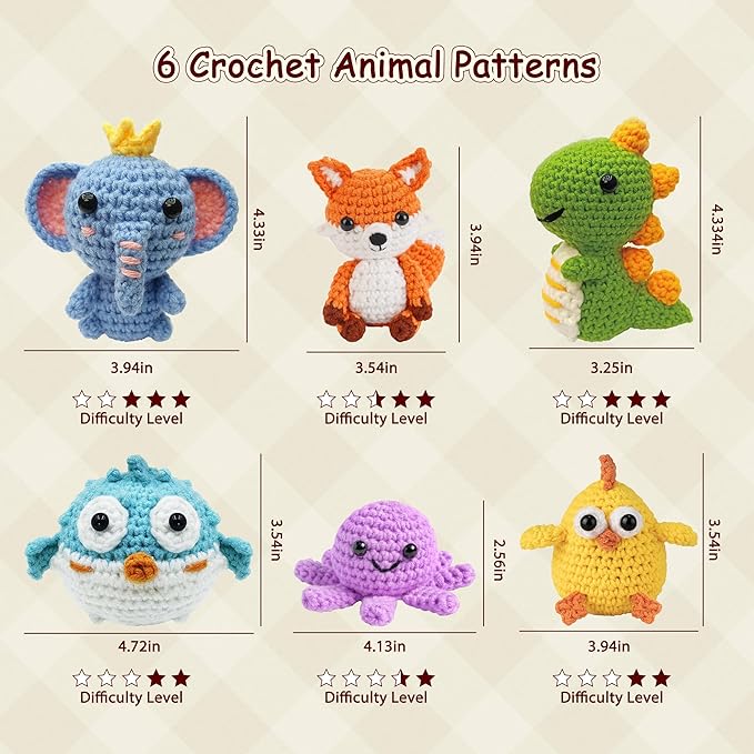 Allaugh Crochet Kit for Beginners Kids: 6pcs Cute Animal Crochet Set Knitting Gift for 8-12 Year Old - Easy to Learn with Step-by-Step Video Tutorials Hook Yarn for Crocheting - DIY Birthday Presents