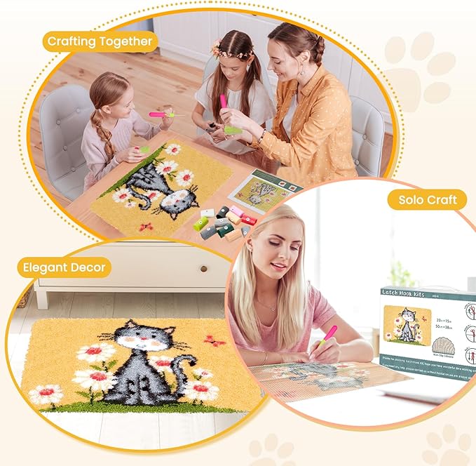 EsLuker.ly Latch Hook Rug Kit DIY Crochet Carpet for Beginners, Cats Patterns Pre-Printed Canvas Yarn Rug Hooking Kits, Creative Craft Home Decor Ideal for Learning Rug Making, Yellow