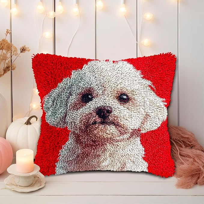 DIY Latch Hook Pillow Kits for Adults White Bichon Frise Dog Portrait Printed Pillowcase Crochet Yarns Hooking Handmade Pillow Cover Cushion for Home Sofa Decoration 17x17inch(2)