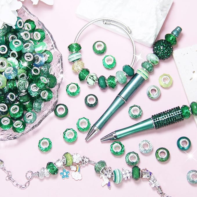 150Pcs Large Hole Beads Spacer Beads Dark Green Assorted European Craft Big Beads Large Hole Lampwork Murano Bead Fairy Wand Garden Bead for DIY Charm Bracelets Jewelry Making Decoration Supplies