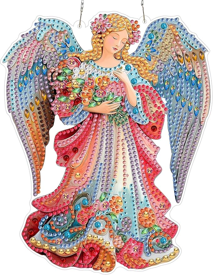 MXJSUA Diamond Art Hanging Kits for Adults Beginners, DIY Acrylic 5D Special Shaped Crystal Diamond Gem Art Painting Hanging Ornament for Home Wall Decor and Gift (Floral Angel)