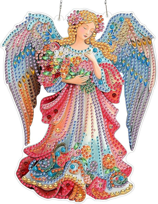 MXJSUA Diamond Art Hanging Kits for Adults Beginners, DIY Acrylic 5D Special Shaped Crystal Diamond Gem Art Painting Hanging Ornament for Home Wall Decor and Gift (Floral Angel)