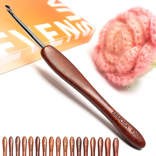 SEVENSUN Mimosa 4.5mm Single Crochet Hook, Available in 0.6mm-6.5mm, Ergonomic Hand Polished Stainless Steel Inline Pointy Wood Handle Crochet Hook for Arthritic Hands, Mother's Day Gifts for Mom