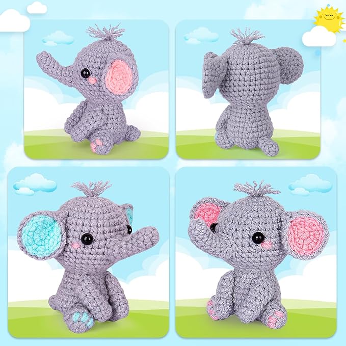 Crochetta Crochet Kit for Beginners, Beginner Crochet Starter Kit with Step-by-Step Video Tutorials, Learn to Crochet Kits for Adults, DIY Knitting Supplies, 2 Pack Elephant (40%+ Yarn)