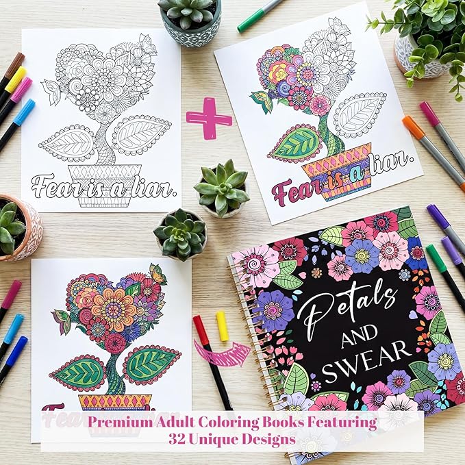 Adult Coloring Book Set for Relaxation, Spiral Bound Coloring Book for Women with 24 Colors Markers, Mindfulness Stress Relief 32 Patterns for Adults, Gift(7×8.2in)