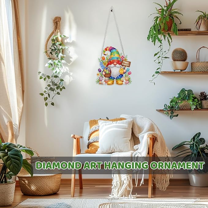 MEIYUDA Easter Gnomes Diamond Art Hanging Kits for Adult, Happy Easter Diamond Painting Hanging Kits Ornaments, DIY Special Shaped Rhinestone Window Pendants kit for Home Garden Wall Decor Gift