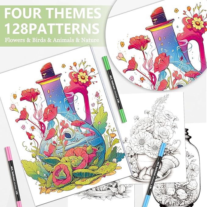 Adult Coloring Book for Adults Relaxation, Stress Relief Coloring Book with 24 Dual Tip Markers, Relaxing Gifts for Women with 128 Patterns Include Animals Flowers Plant Birds Nature Style (4 Pack)