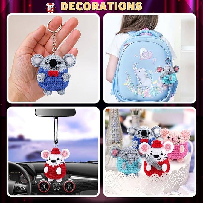 crochet kit for beginners - 4 pcs crochet starter kit with step-by-step video tutorials, for adults - elephant mouse pig koala microphone crocheting set