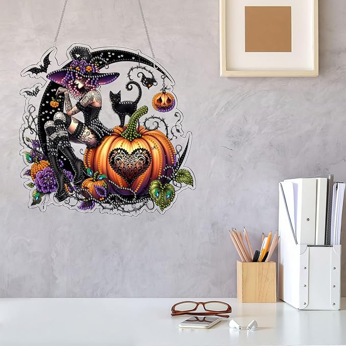VODAPYC Halloween Witch Diamond Art Hanging Kit for Adults, DIY Double Sided Special Shaped Diamonds Art Window Pendant Ornament for Home Decor(Halloween Witch)