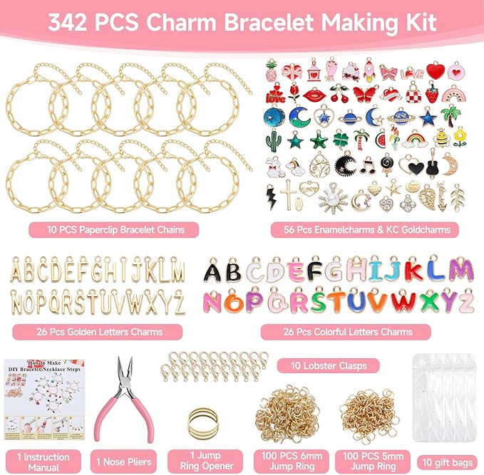 Riwiuue 342-Pieces Charm Bracelet Making Kit - Includes Gold Paperclip Chain Bracelet, Charms, Jump Rings & Tools, Ideal for DIY Jewelry Making, Teen and Adult Gifts (Charm Bracelet Making kit)