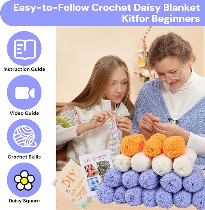 HUYEIOBGD Daisy Blanket Crochet Kit for Beginners, Complete DIY Crochet Set with Yarn, Hooks, Pattern & Tools, Boho Flower Blanket Craft Kit for Handmade Gifts, Relaxing Crochet Projects for Adults