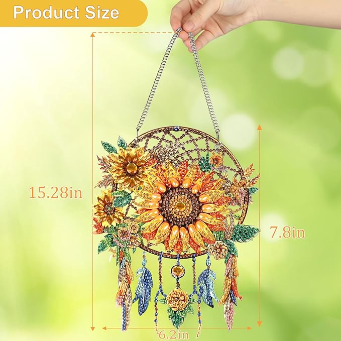 Sunflower Diamond Painting Hanging Ornament, Dream Catcher 5D Special Shape Diamond Art, Crafts for Adults DIY Gem Art, Acrylic Home Garden Window Wall Decor with Chain, Box Kit, 6.2×7.8in