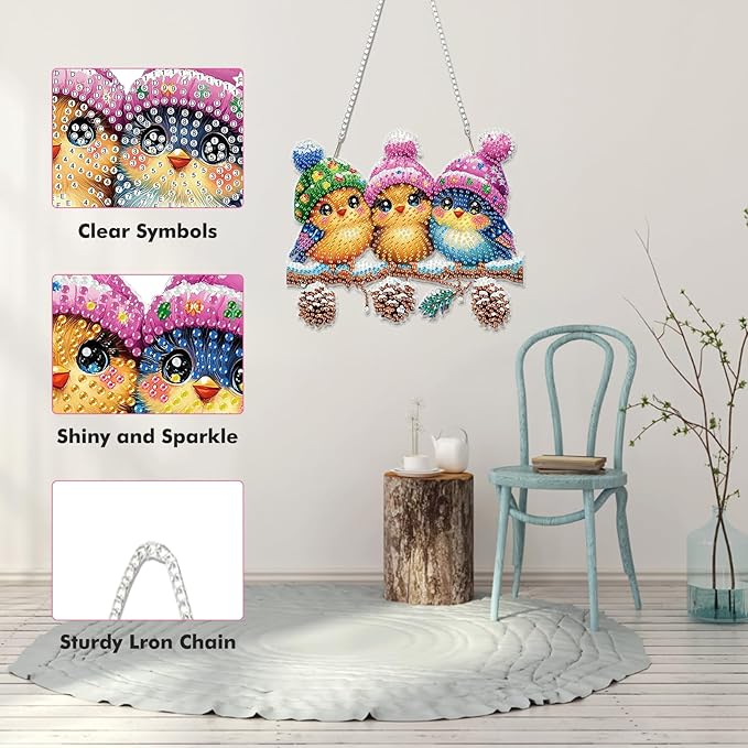 Miwixy Christmas Hanging Diamond Art Kits for Adults,Cute Birds Winter Special Shaped Crystal Christmas Diamond Painting Ornament Kit DIY Double-Sided Pattern Window Pendant Gem Art Home Wall Decor