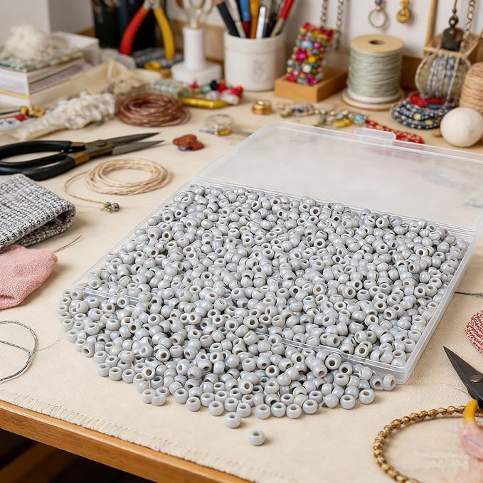 1000 Pc Boxed Grey Pony Beads, 9MM Plastic Craft Beads with Large Hole, Grey Hair Bead for Braids, Bracelet Bead for Jewelry Making