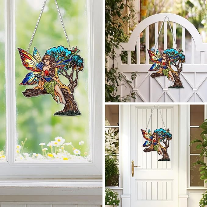 EOBROMD Diamond Hanging Art Kits for Adults, Fairy on Tree Diamond Art Painting Suncatcher, DIY Special Shaped Rhinestone Kits for Adults, Window Pendants Home Garden Wall Hanging Ornament