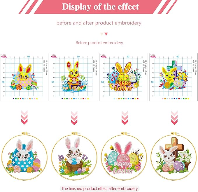 Zhenging Easter Cross Stitch Kit with 4 Bunny & EggPatterns -9.45x9.45 Inch Hoop, Pre-Printed Fabric,Threads, Tools -DlY Easter Craft Gift for Adults, HomeDecor