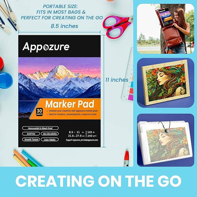 240GSM Bleedproof Sketch Pad for Markers, Acid-Free Heavyweight Smooth Drawing Papers, 8.5"×11" Large Paper Size Glue-Bound, 30 Sheets/60 Pages, Ideal for Artists, Kids, Adults, Dry Media, Gifts