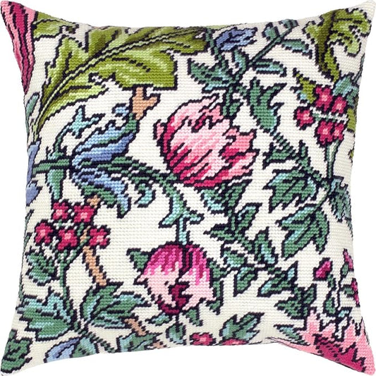 Brvsk Floral Embroidery Kit for Adults and Beginners — Derwent by John Henry Dearle 16″ × 16″ with Clear, Precise Printed Design on Cotton Canvas; Includes 2 Needles, Yarn, and Easy-Read Chart