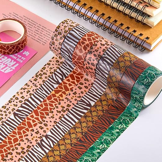 Lewtemi 12 Rolls Wild Animal Print Washi Tape Giraffe Leopard Masking Washi Stickers Adhesive Wrapping Tape Decorative for DIY Art Scrapbooking Craft Planner, 16.4 Ft(15mm)