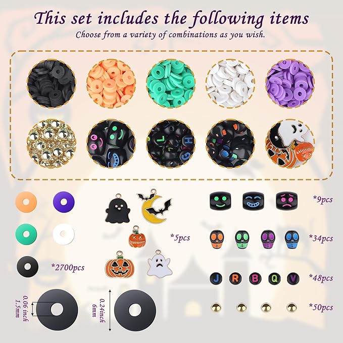 XIANNVXI 2846pcs Halloween Clay Beads Jewelry Making Orange Purple Black White Green Friendship Bracelet Supplies with Halloween Pattern Clay Beads Crafts