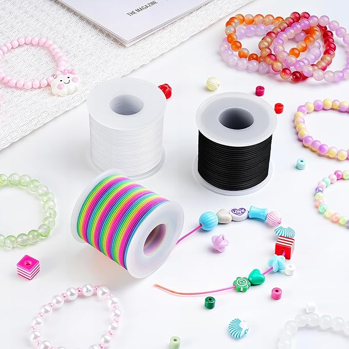 Stretchy Bracelet String Kit with Scissors & Beading Needle, 4 Rolls Elastic String for DIY Crafts, 1mm Stretchy Cord for Jewelry Making Sewing Necklace Beading, 660FT, (Black, White, Rainbow)
