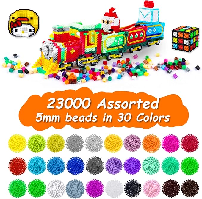 23,000 pcs fuse beads kit for kids crafts, 30 colors iron beads set with 3 pegboards, 5 ironing paper, 10 patterns, gifts for birthday christmas, multicolor 5mm melty beads bulk refill kit by inscraft