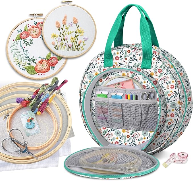 FINPAC Embroidery Project Bag, Embroidery Supplies Storage Carrying Tote Case with Multiple Pockets for Floss, Hoops, Thread, Stitch Tools Kit [Bag Only], Spring Bloom