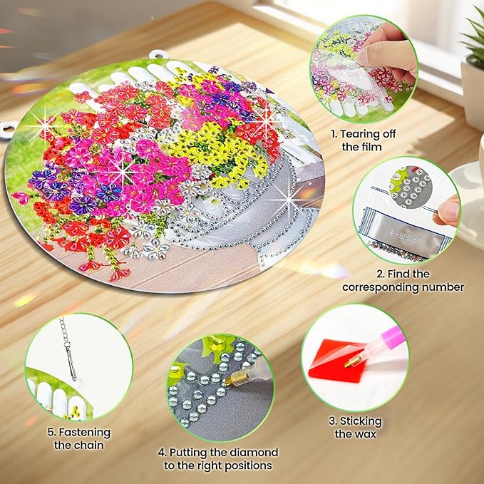 SSIJAYLZ Diamond Art Hanging Ornaments, Flowers Diamond Art Kit for Adults, 7.18 in 5D Crystal Accessories DIY for Home Decor