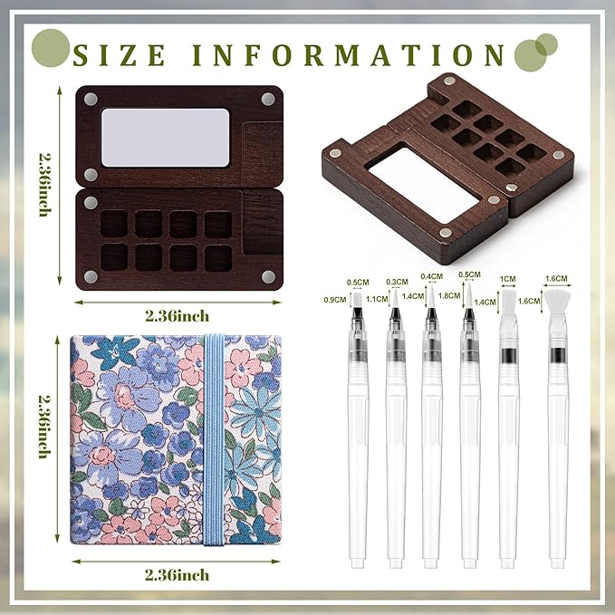 Qilery Mini Portable Watercolor Palette Set Wooden Grid Paint Box Watercolor Paper Sketch Book Brush Pens with Binder Clip for Painters Artist Not Include Paint(Summer Flowers)