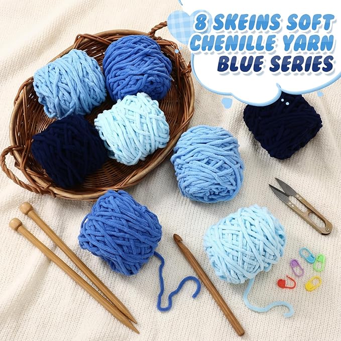 Buryeah 8 Pack Chunky Chenille Yarn for Crocheting Soft Thick Fluffy Yarn for Hand Knitting Bulky Velvet Blanket Plush for Weaving DIY Crafts Each 3.5 oz 55 Yards(Blue Series)