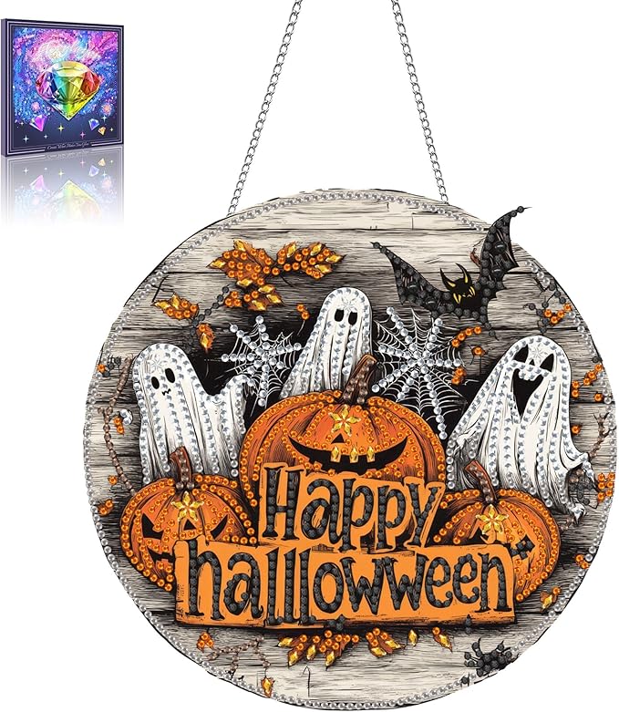 Wergund 5D DIY Halloween Diamond Art Hanging Kits, Hanging Diamond Art Ghost, Acrylic Special Shaped Rhinestone, Window Hanging Pendants for Home Wall Garden Front Door Outdoor Decor Gift(Halloween)