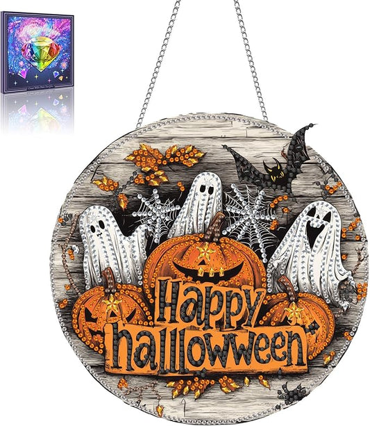 Wergund 5D DIY Halloween Diamond Art Hanging Kits, Hanging Diamond Art Ghost, Acrylic Special Shaped Rhinestone, Window Hanging Pendants for Home Wall Garden Front Door Outdoor Decor Gift(Halloween)